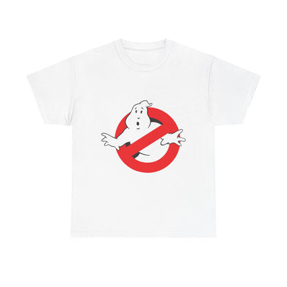 Luxury men's t-shirt featuring the iconic Ghostbusters logo with a white base and vibrant red circle, embodying a whimsical spirit.