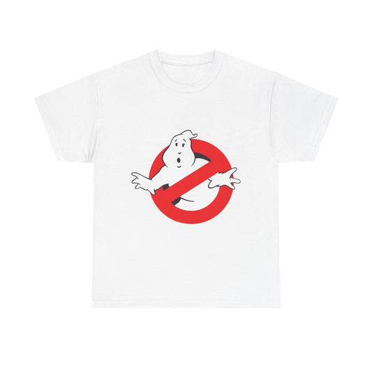 Luxury men's t-shirt featuring the iconic Ghostbusters logo with a white base and vibrant red circle, embodying a whimsical spirit.