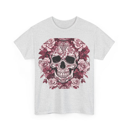 Front view of the Skulls and Roses Cotton Tee featuring an intricate skull and rose design, showcasing the luxury and attitude of unisex graphic fashion.