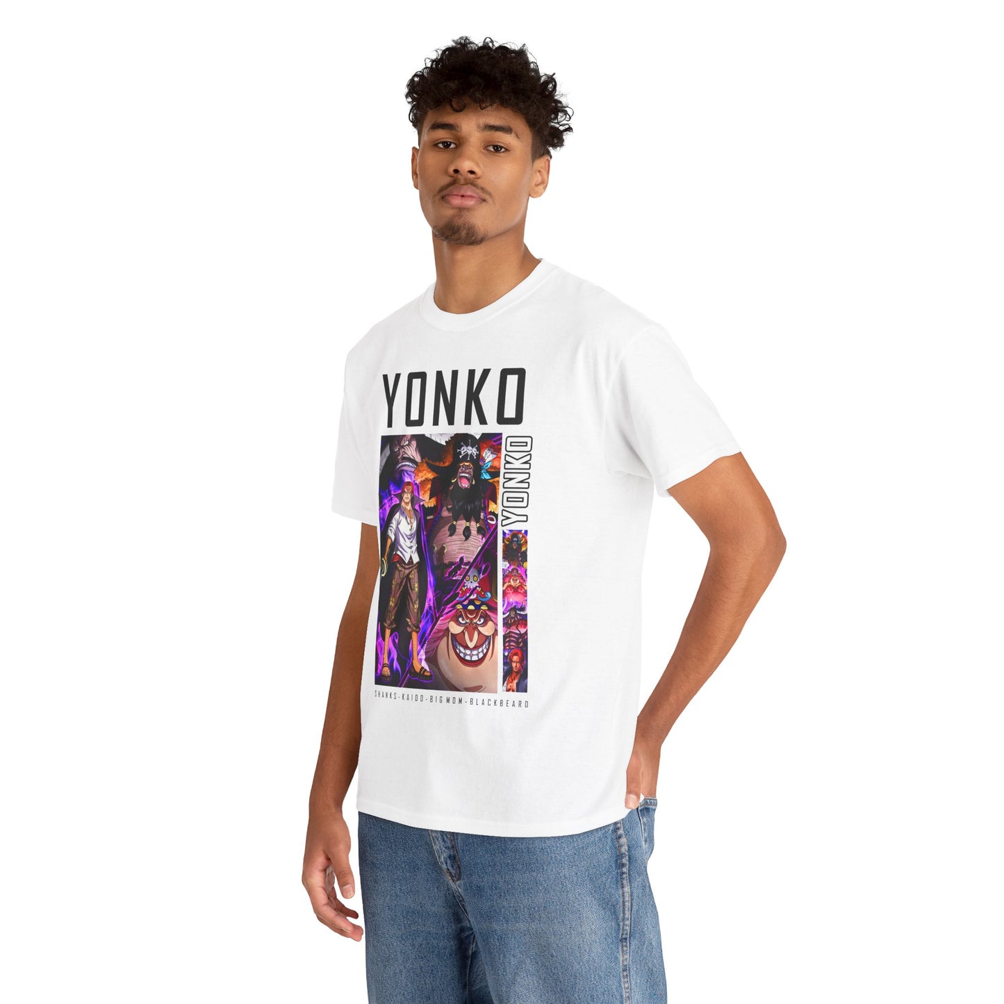 Model wearing the exquisite YONKO anime graphic tee, displaying vibrant character artwork on a white background, tailored for the stylish anime enthusiast.