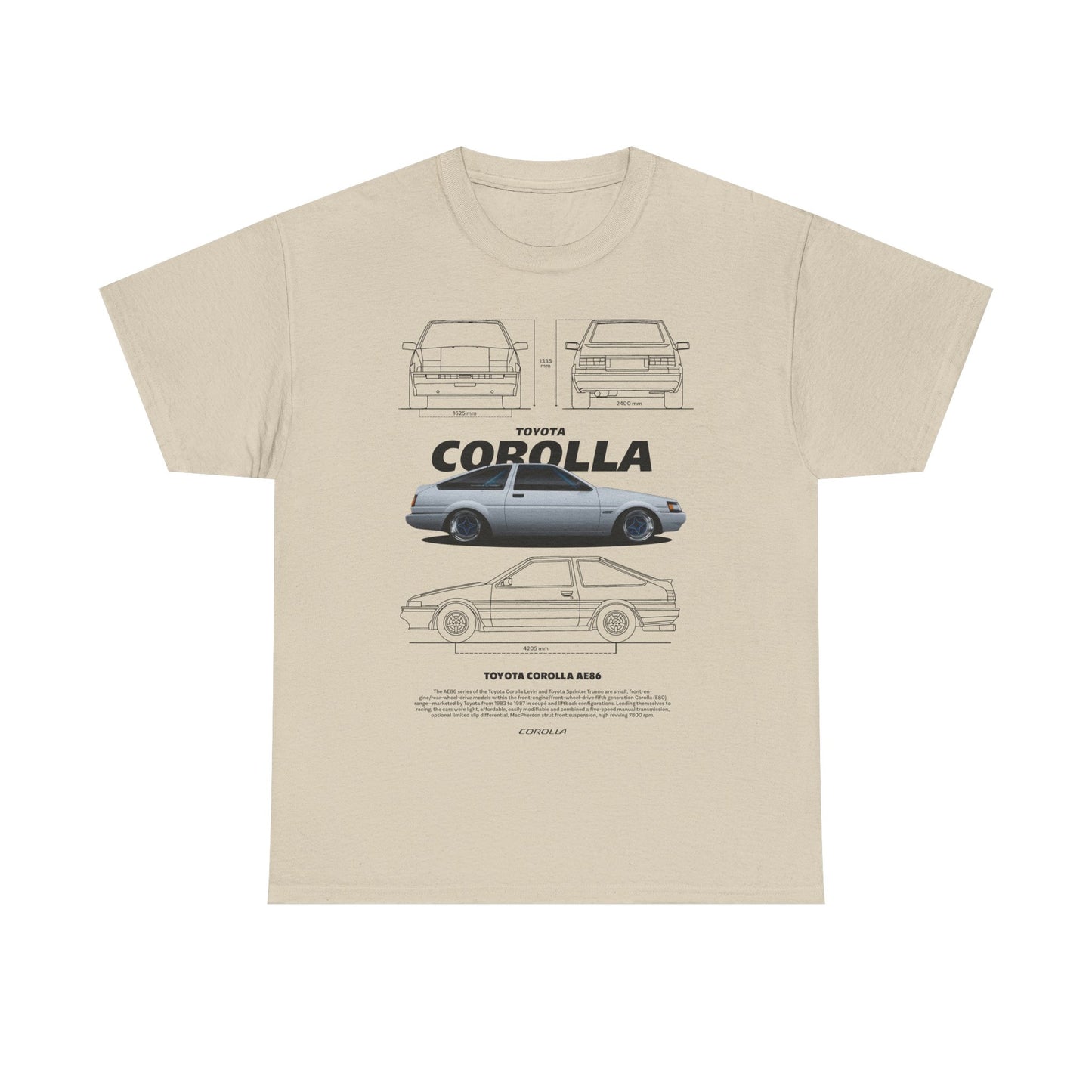 Chic beige men's T-shirt displaying a sophisticated design of the legendary Toyota Corolla AE86, with detailed illustrations that embody automotive artistry in a stylish format.