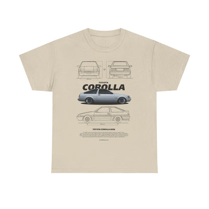 Chic beige men's T-shirt displaying a sophisticated design of the legendary Toyota Corolla AE86, with detailed illustrations that embody automotive artistry in a stylish format.