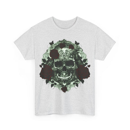 Front view of the light grey Skulls and Roses Cotton Tee, showcasing the eye-catching skull and rose graphic, a must-have for stylish and luxury casual wear.