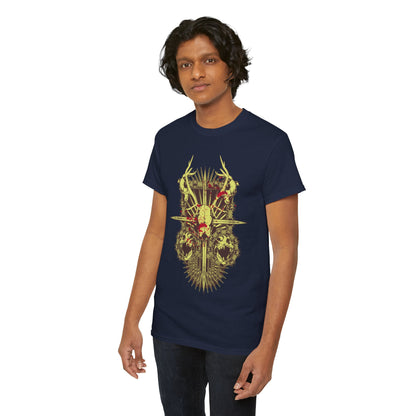 Luxurious navy t-shirt featuring an artistic skull design with antlers, elegantly showcasing a fusion of mystical elements. Perfect for those who appreciate unique, bold fashion.