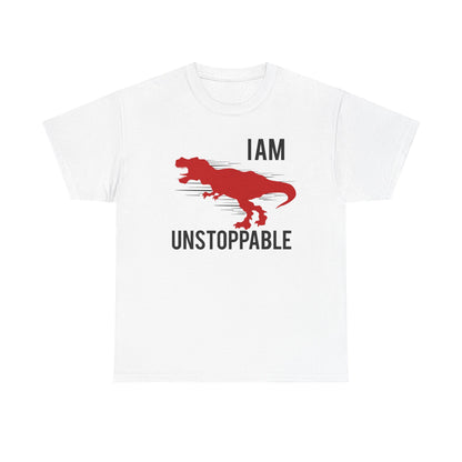 Luxurious white men's T-shirt featuring a striking red T-Rex graphic and bold text proclaiming 'I AM UNSTOPPABLE', perfect for showcasing individuality.