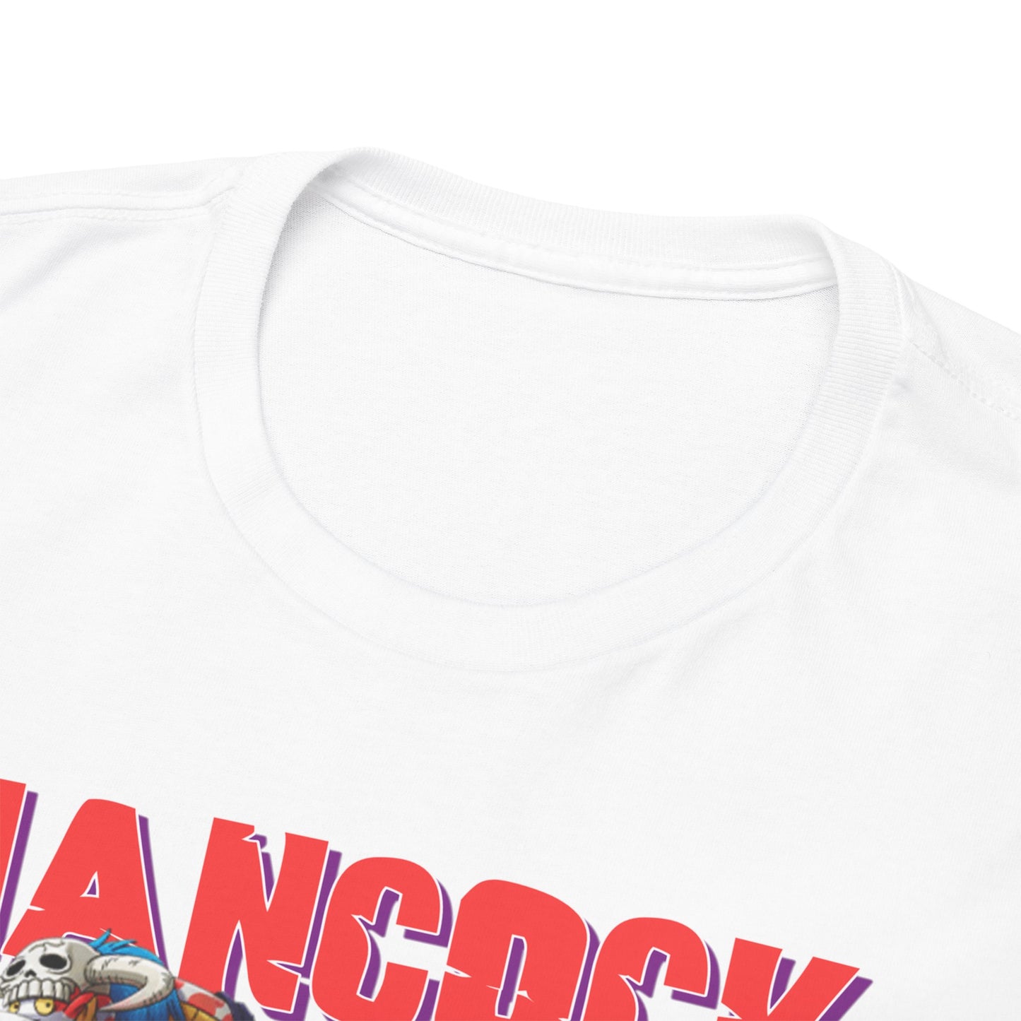 Close-up view of the luxurious Hancock anime t-shirt collar and print, highlighting the vibrant artwork that captures the essence of whimsical charm.