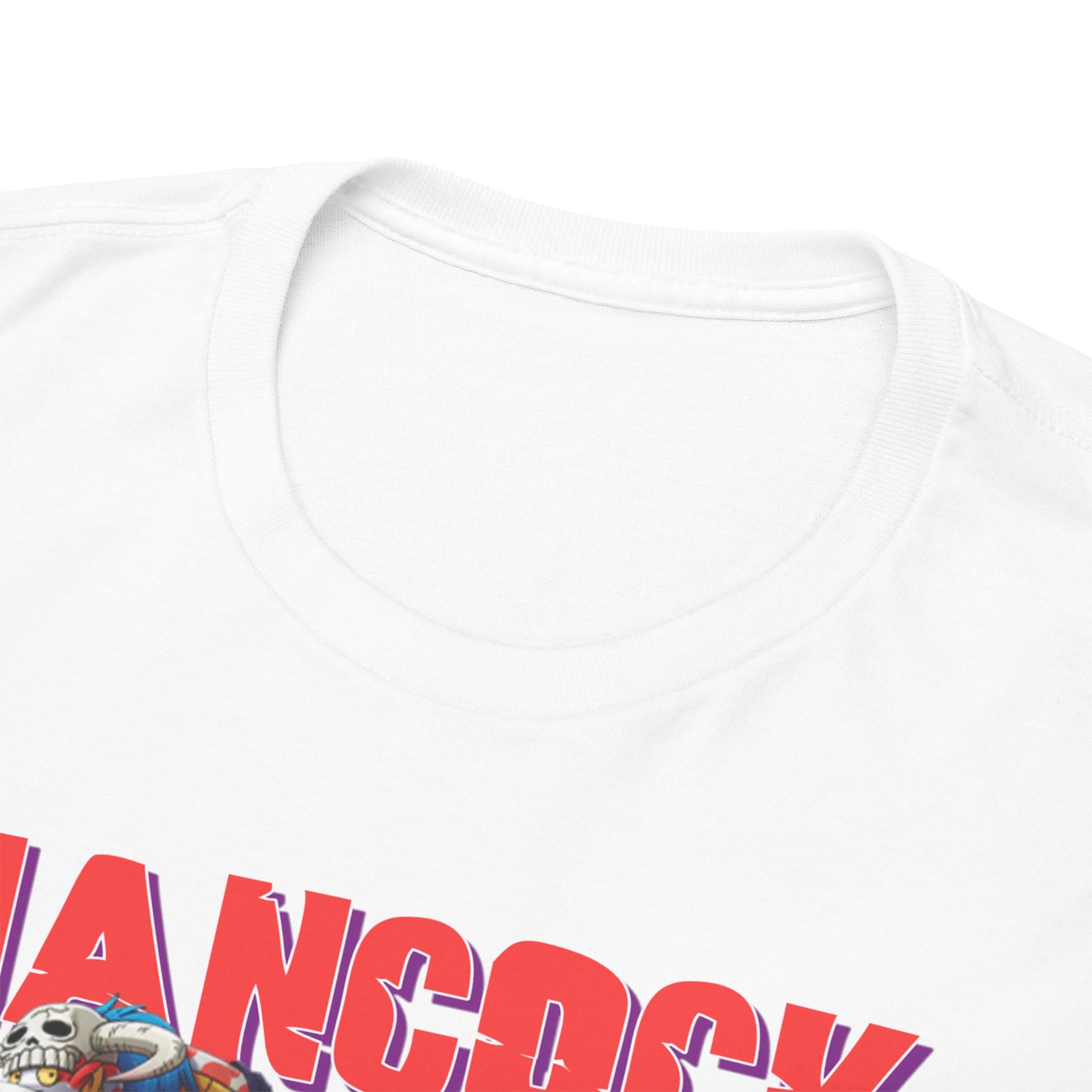 Close-up view of the luxurious Hancock anime t-shirt collar and print, highlighting the vibrant artwork that captures the essence of whimsical charm.