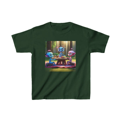 Kids Adorable Cute Aliens Heavy Cotton Tee with a whimsical picnic scene featuring friendly aliens, ideal for fostering creativity in children.