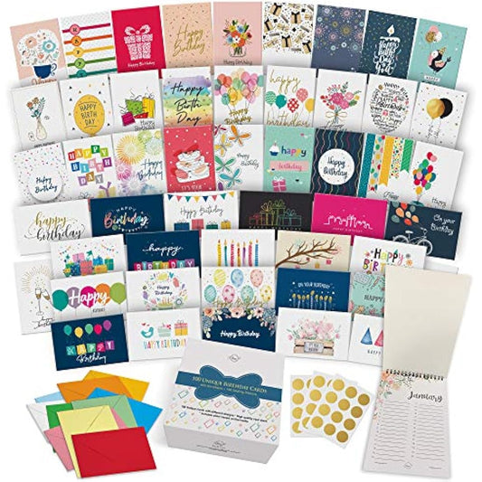 Dessie 100 Unique Birthday Cards Assortment with Greetings Inside for Businesses and Individuals.100 Assorted Color Envelopes, Gold Seals, Birthday Calendar in Sturdy Storage Box
