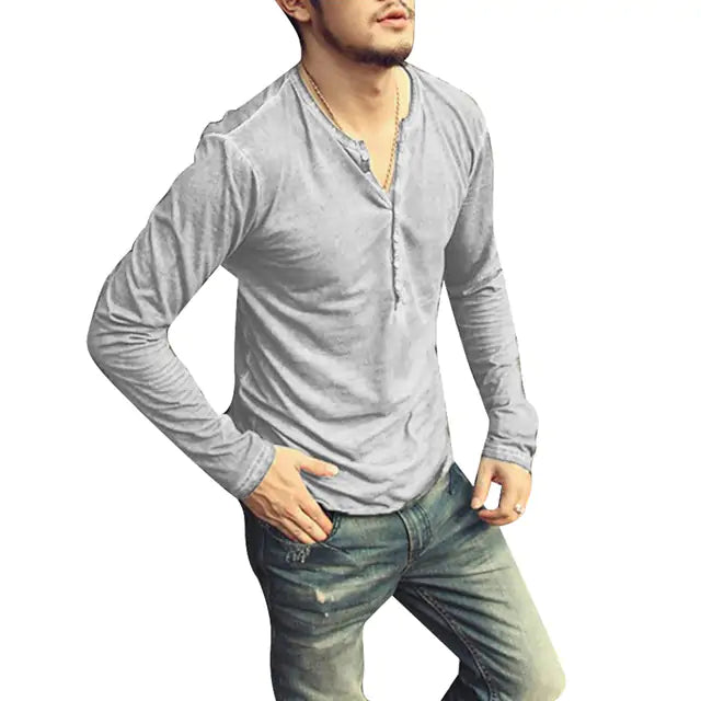 Men's Tee Shirt Button up V-Neck Long Sleeve