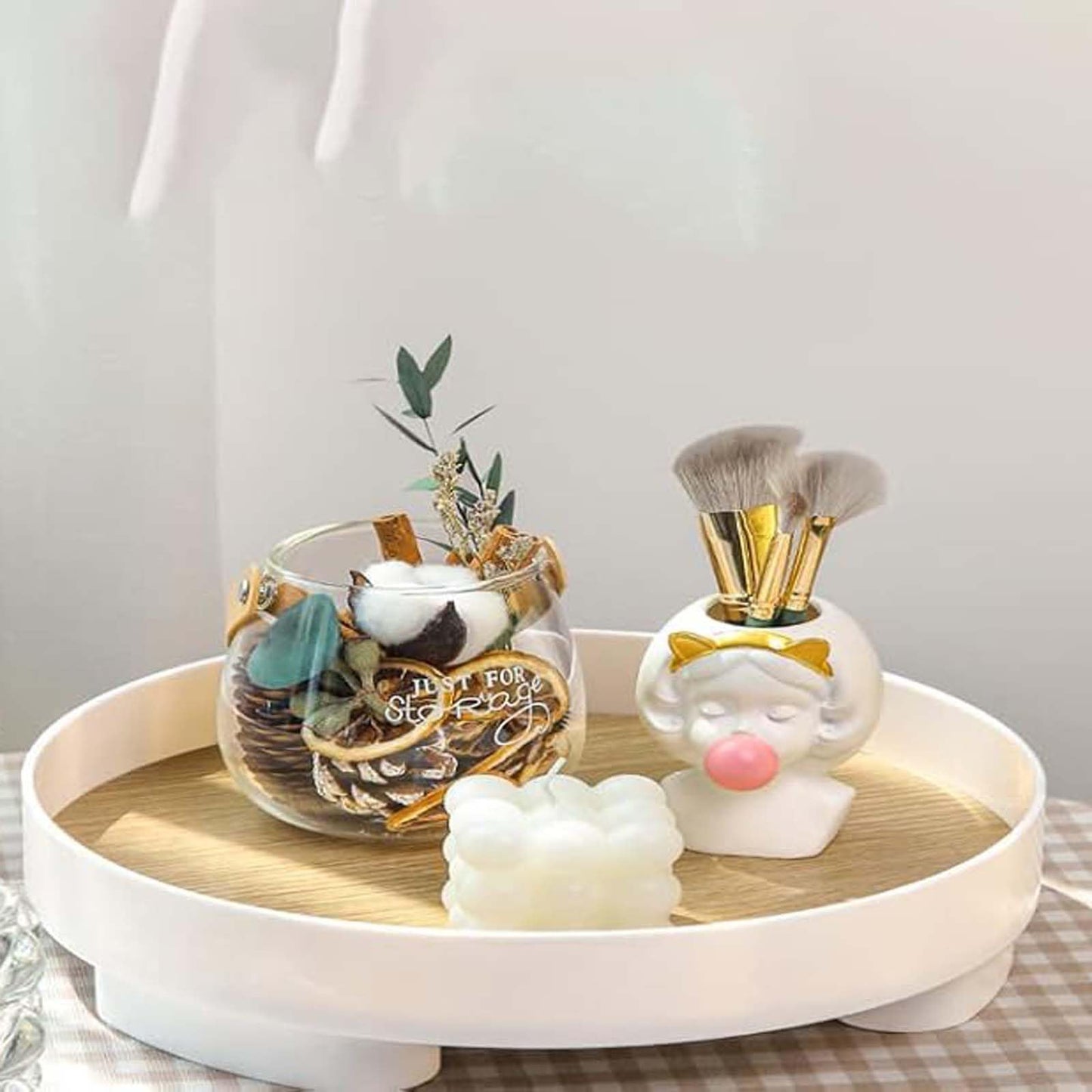 YIPUETERNITY Vanity Tray, Wooden Bathroom Storage Round Cosmetic Organizer Decorative tray with Base For Coffee Perfume Soap Towel Jewelry Makeup