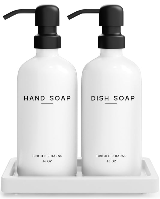 White Glass Hand and Dish Soap Dispenser Set by Brighter Barns - Kitchen Soap Dispenser Set with Tray for Kitchen, Home or Vacation Rental - Modern
