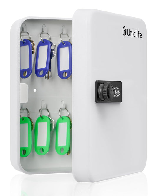 Uniclife 20 Position White Key Cabinet with Combination Lock Resettable Black Digital Security Storage Box Steel Key Organizer with Colorful Key Tag