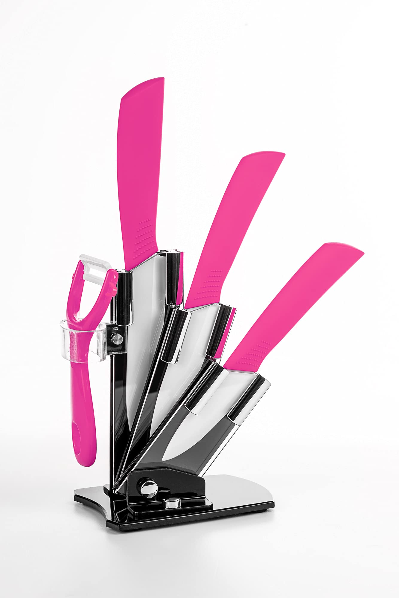 Hometric Ceramic Knife Sets with Block, 4 Piece Pink Kitchen Knives Set with Ergonomic Handle, Rust Resistant and Light Weight Knife Block Set with