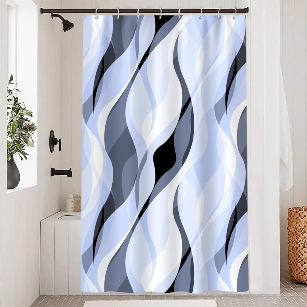 Uiiooazy Blue Shower Curtain, Abstract Striped Geometric Lines Bath Curtain Anti-Mould Waterproof Polyester Fabric Washable Bathroom Curtain with 8