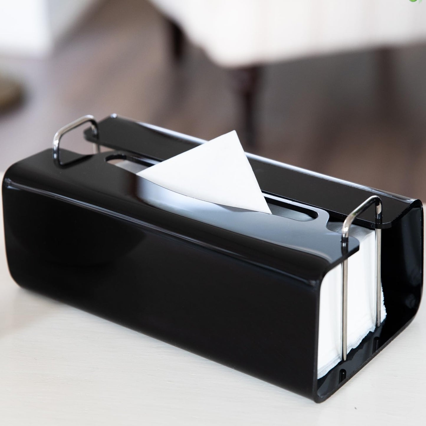 Acrylic Tissue Box Holder Rectangle? with Curved Design - Decorative Modern Glossy Black Tissue Box Cover with Silver Metal Accents for