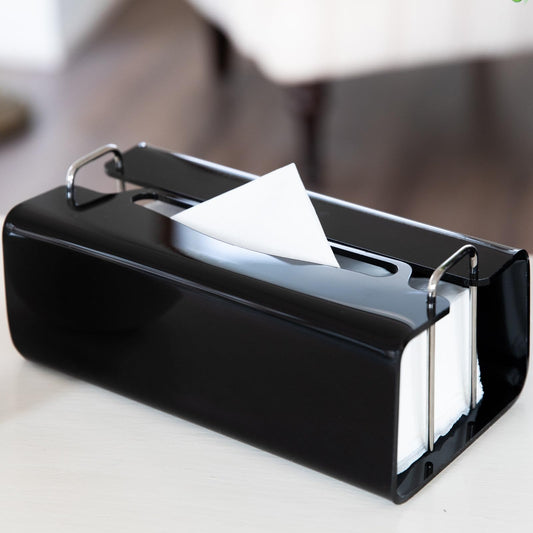 Acrylic Tissue Box Holder Rectangle? with Curved Design - Decorative Modern Glossy Black Tissue Box Cover with Silver Metal Accents for