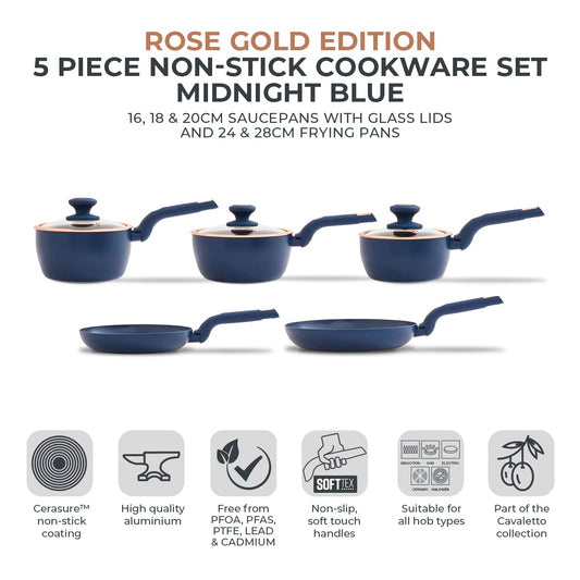 Tower T800232MNB Cavaletto 5 Piece Cookware Set with 16cm, 18cm, 20cm Saucepans and 24cm, 28cm Non-Stick Frying Pans, Midnight Blue & Rose Gold