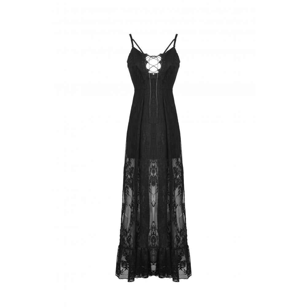 Close-up view of the exquisite front lacing detail on the Dark In Love black lace Drusilla maxi dress, showcasing its luxurious design and craftsmanship.