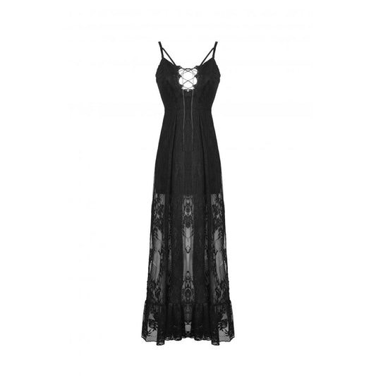 Close-up view of the exquisite front lacing detail on the Dark In Love black lace Drusilla maxi dress, showcasing its luxurious design and craftsmanship.