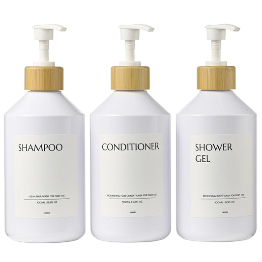 Janxin Refillable Shampoo and Conditioner Bottles, Shampoo Bottles with Pump, Pump Bottle, Dish Soap Dispenser with Labels, Kitchen Soap Dispenser Set