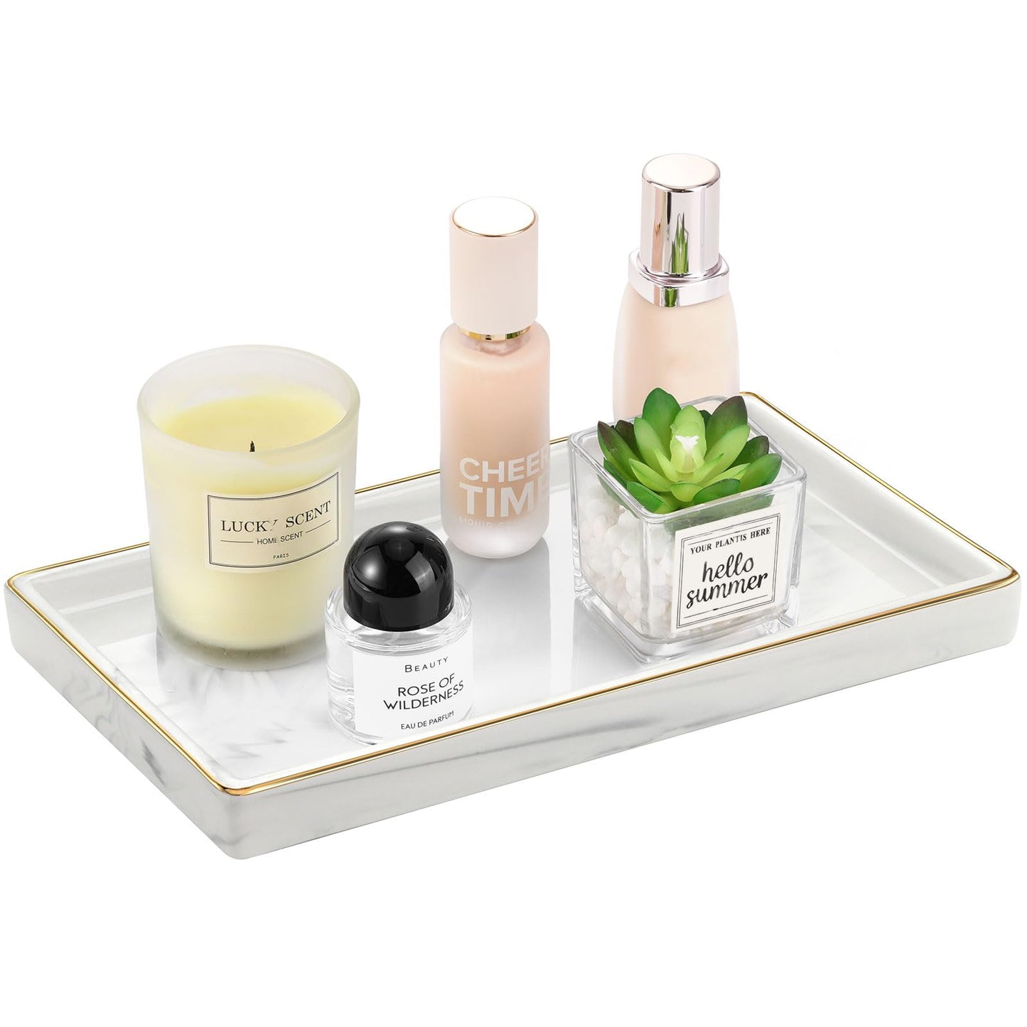 Luxspire Bathroom Vanity Tray, Golden Rimmed Jewelry Organiser rectangle Ceramic Tray, Kitchen Countertop Ring Dish Holder Cosmetic Organiser plate