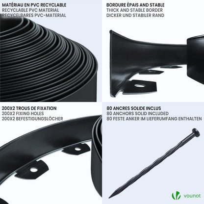 VOUNOT? 40m Flexible Lawn Garden Edging Border, Plastic Grass Path Edging with 80 Reinforced Securing Pegs, Height 5cm, Black