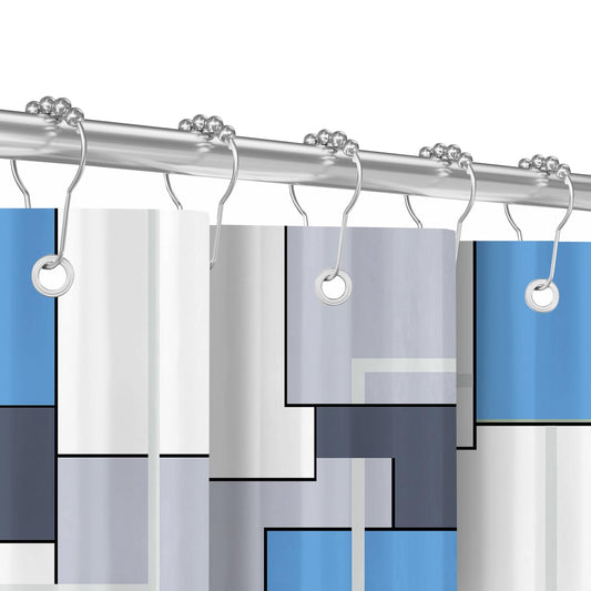 Shower Curtain, 180 x 200 cm, Squares, Moonlight, Blue, Weighted Hem, Anti-Mould Textile, Water-Repellent, Washable Polyester Bath Curtains with 12