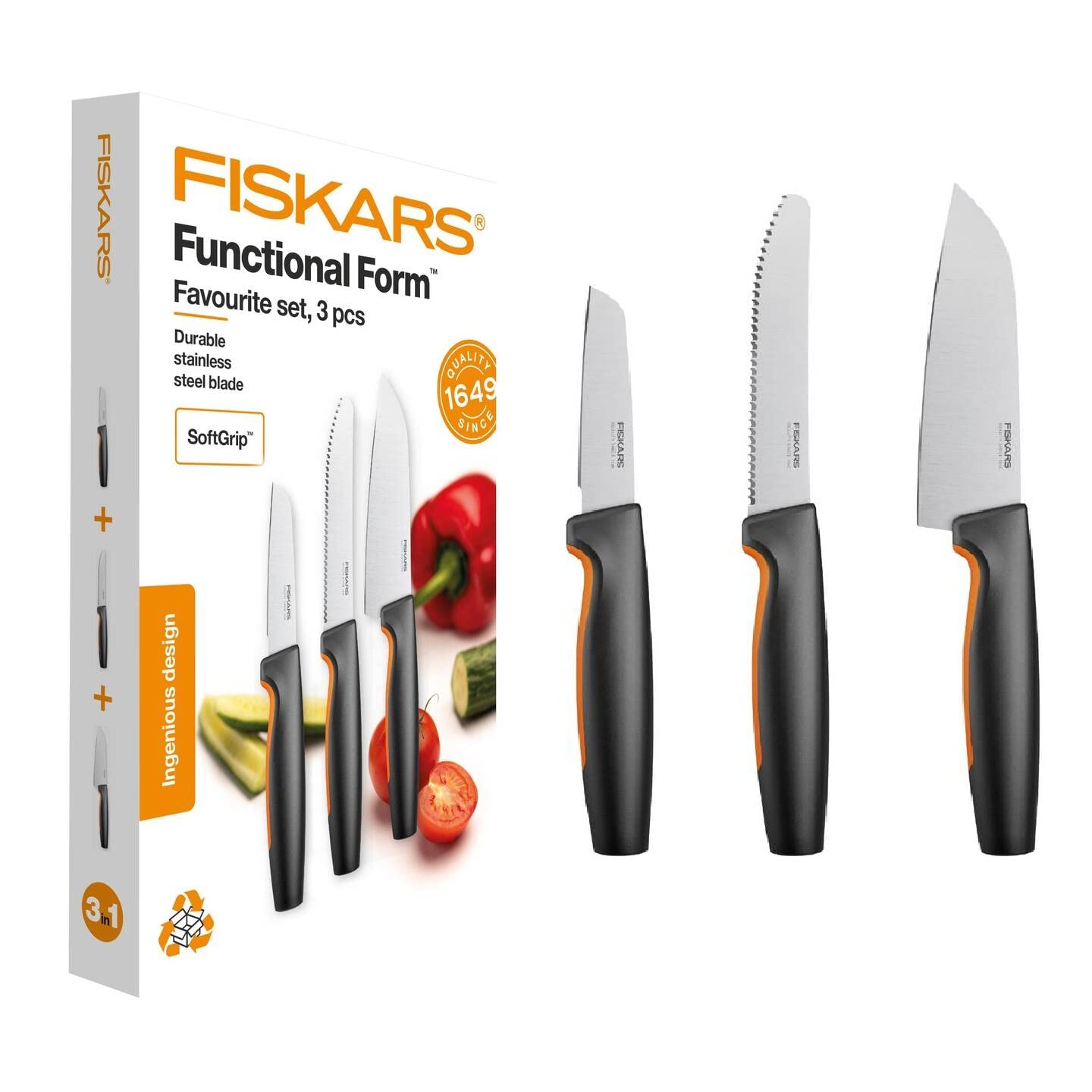 Fiskars kitchen knife set, 3-piece, Functional shape, Includes chef's knife (small), tomato knife, paring knife, Japanese stainless steel/plastic,