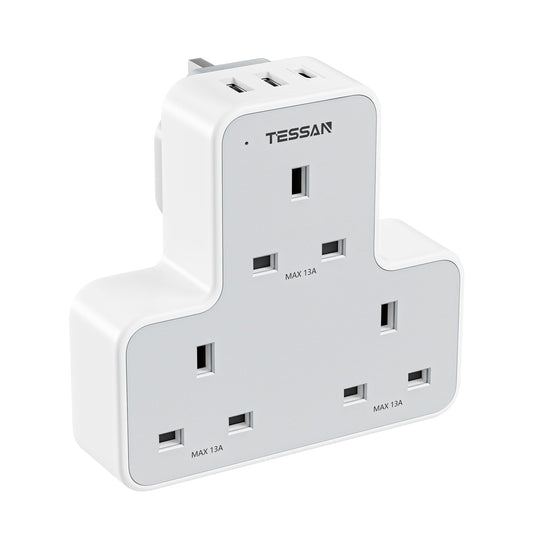 USB Plug Charger Adapter UK, TESSAN 3 Way Plug Extension Socket with Multi USB Charging Station, Multiplug Extender for Home, Kitchen, Office, School