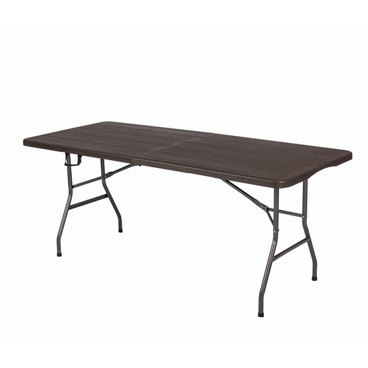 Home Source 6ft Folding Trestle, Carry Handle Heavy Duty Table for Camping Catering BBQ Picnic Party, Brown Wood Effect