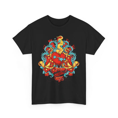 Luxurious men's T-shirt featuring a vibrant heart design surrounded by whimsical elements, perfect for fashion-forward individuals.