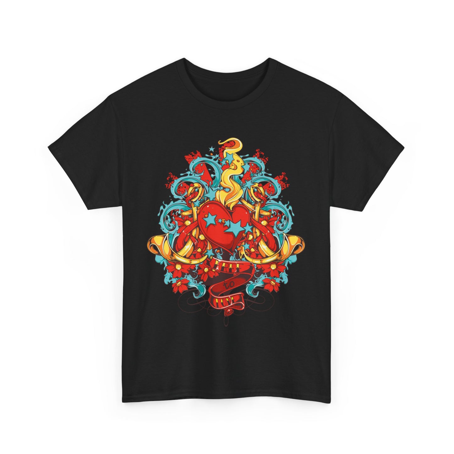 Stylish black men's t-shirt featuring a vibrant heart design with whimsical elements, ideal for art enthusiasts. A statement piece that embodies passion and creativity.