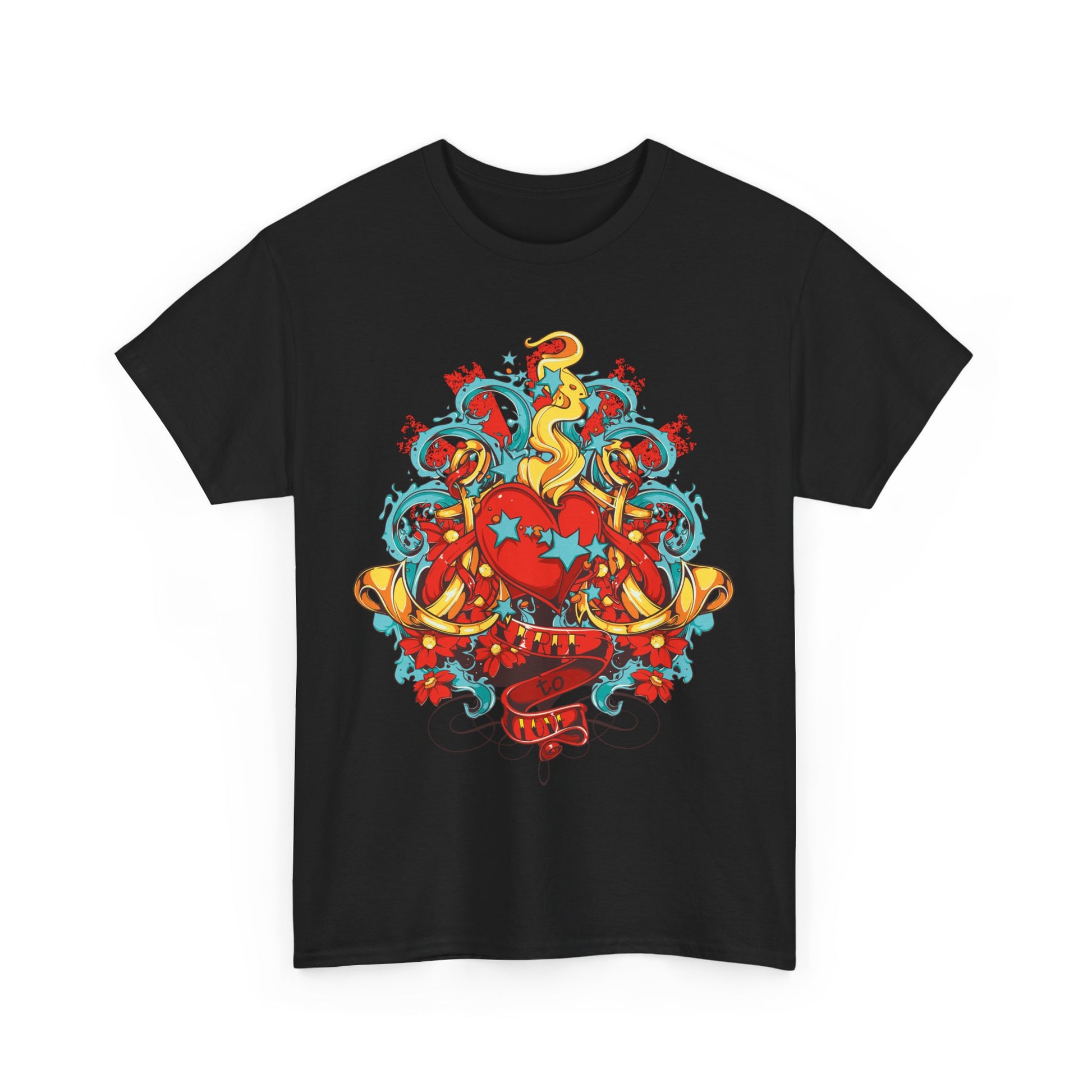 Luxurious men's t-shirt featuring a vibrant heart design surrounded by playful stars and dynamic swirls in bold colours, embodying artistry and individuality.