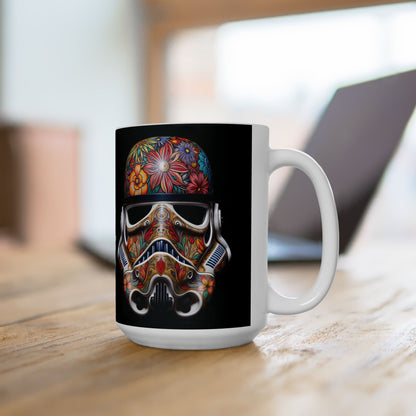Artistic Floral Stormtrooper Mug in a stylish setting, showcasing its unique floral design and elegance, perfect for elevating coffee moments with luxury.