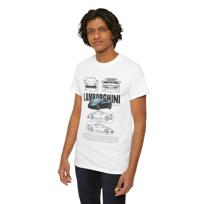 Fashionable male model in a luxury unisex T-shirt featuring Lamborghini Huracán technical drawing, perfectly merging style with automotive passion.