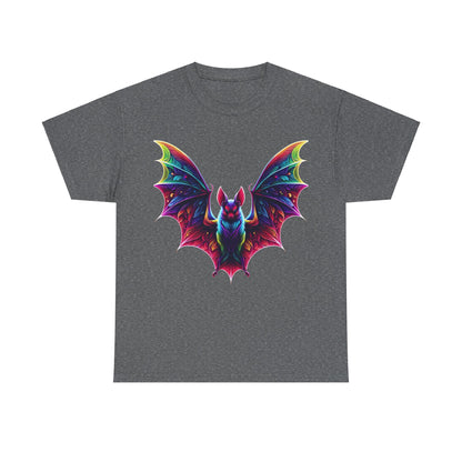 Radiant Evolution Bat Tee - Unisex cotton t-shirt featuring a vibrant, stylized bat design with kaleidoscopic rainbow colours on a dark background.
