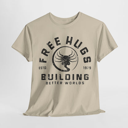 Elegant beige men's t-shirt featuring a distressed 'Free Hugs' and 'Building Better Worlds' logo design, showcasing stylish grunge aesthetics.