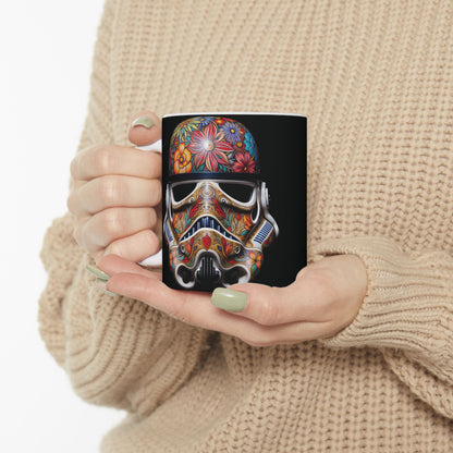 Artistic Floral Stormtrooper Mug held elegantly between hands, featuring a vibrant floral pattern, capturing the essence of unique luxury coffee and tea experiences.