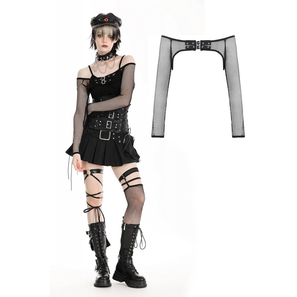 Oriana Fishnet Off-The-Shoulder Sleeves with Decorative Straps by Dark in Love, showcasing a luxurious fishnet texture and elegant design details.