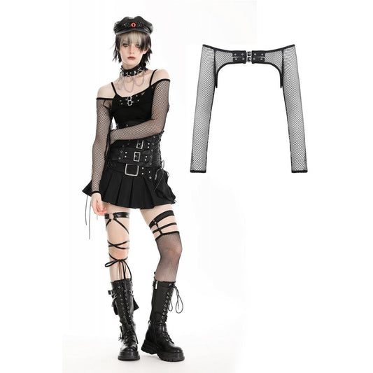 Oriana Fishnet Off-The-Shoulder Sleeves with Decorative Straps by Dark in Love, showcasing a luxurious fishnet texture and elegant design details.