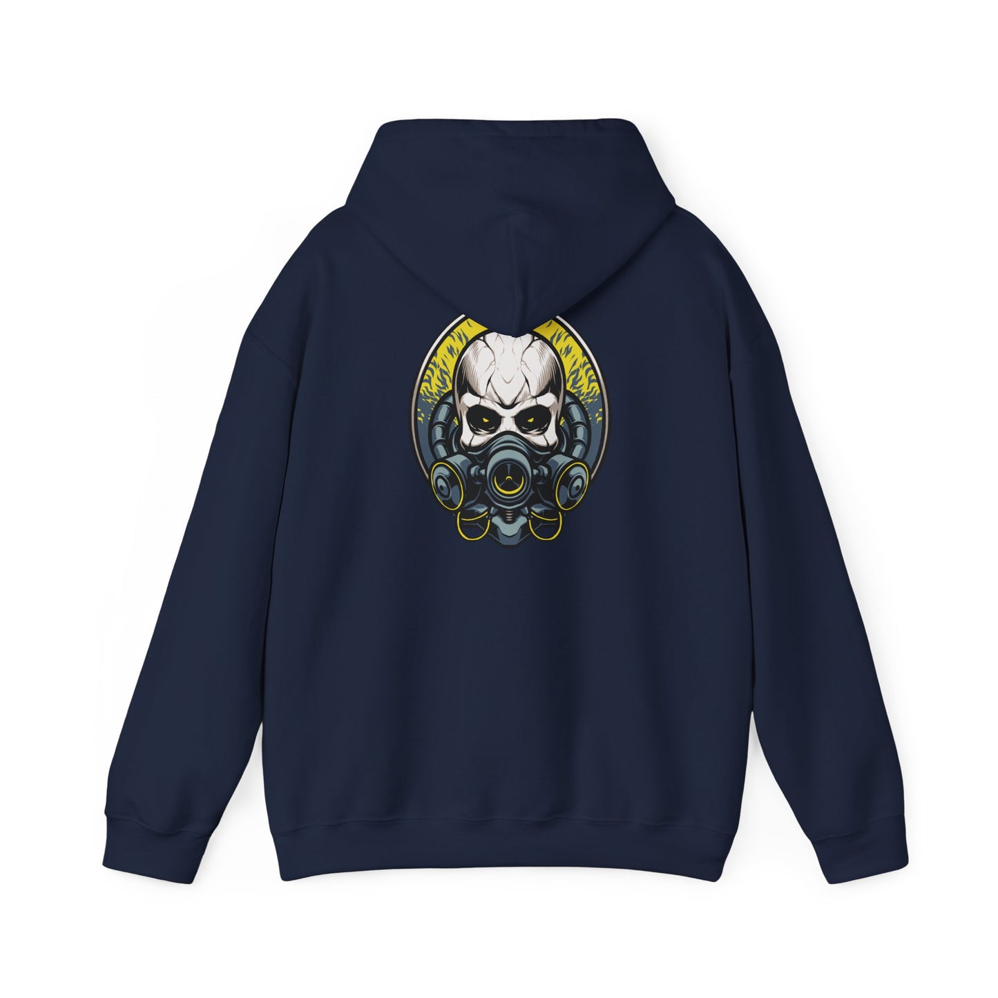 Back view of a stylish navy hoodie featuring a striking steampunk skull design with a gas mask and bold golden accents, perfect for a daring fashion statement.