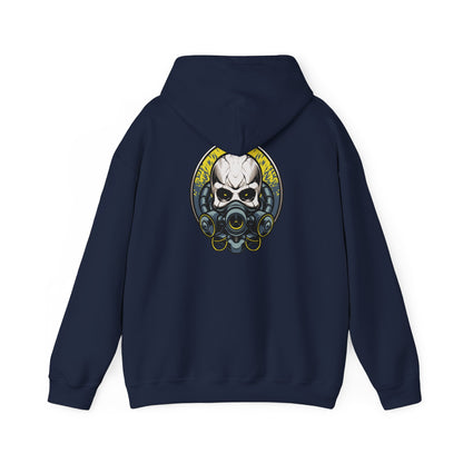 Back view of a stylish navy hoodie featuring a striking steampunk skull design with a gas mask and bold golden accents, perfect for a daring fashion statement.