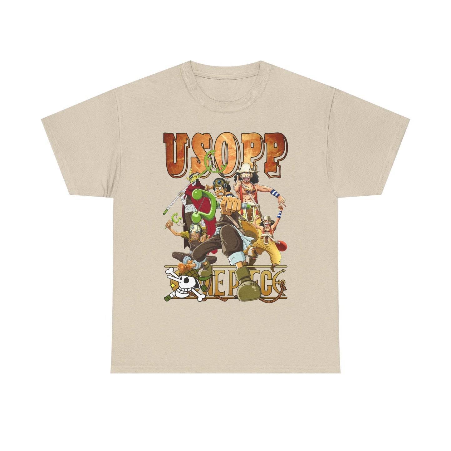 Luxury Usopp T-Shirt in soft cream featuring vibrant anime characters from One Piece, showcasing dynamic graphics and premium quality fabric, ideal for anime enthusiasts.