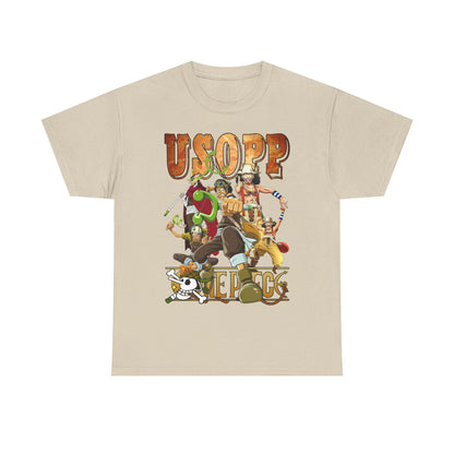 Luxury Usopp T-Shirt in soft cream featuring vibrant anime characters from One Piece, showcasing dynamic graphics and premium quality fabric, ideal for anime enthusiasts.