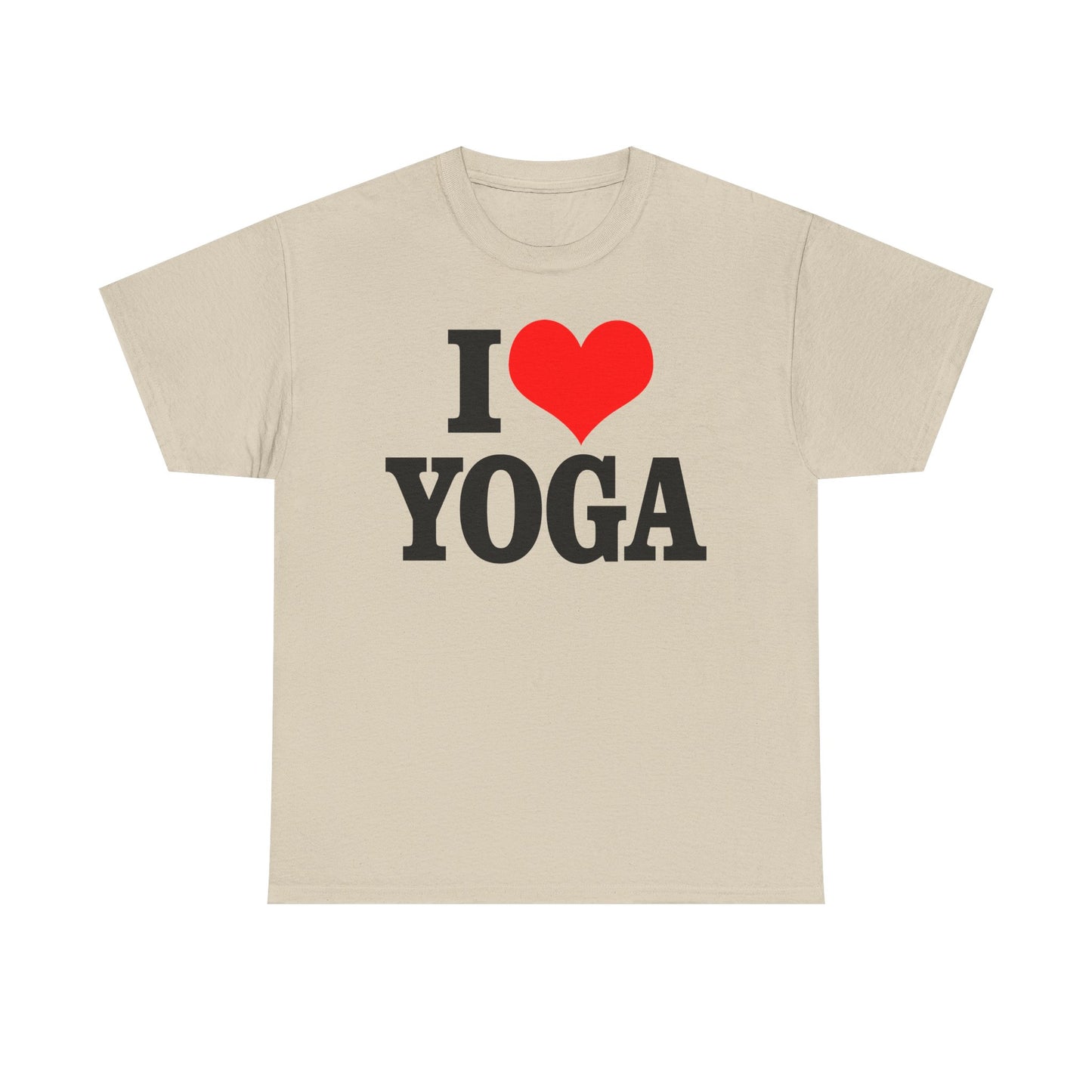 Chic beige I Love Yoga t-shirt with bold black text and a captivating red heart graphic, an ideal choice for yoga lovers seeking comfort and style.