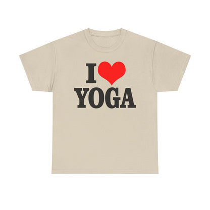 Chic beige I Love Yoga t-shirt with bold black text and a captivating red heart graphic, an ideal choice for yoga lovers seeking comfort and style.
