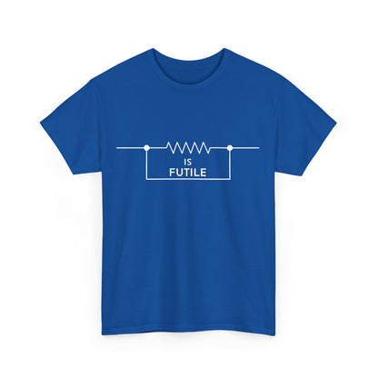 Luxurious blue unisex graphic tee shirt featuring the text 'IS FUTILE' with resistor design, inspired by the iconic Borg from Star Trek.