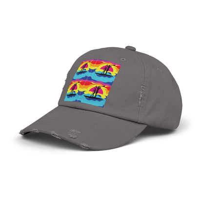 Unisex Distressed Paddleboarders Cap - Side view highlighting the vibrant paddleboarding imagery, ideal for outdoor adventures.