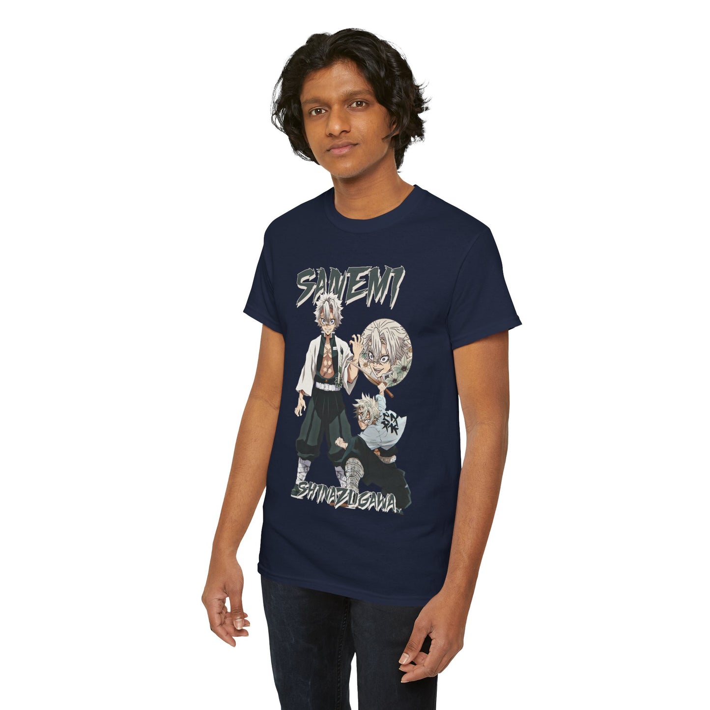Fashionable Sanemi Shinazugawa tee on model, representing bold anime culture with an eye-catching design.